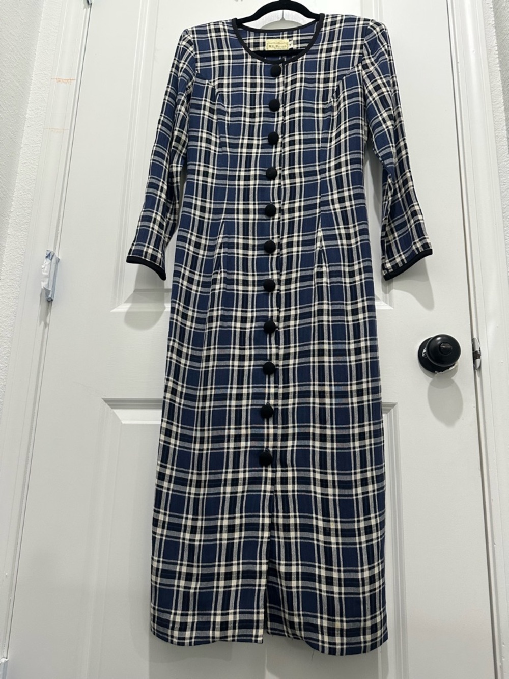 Vintage M.L. PETITES by Misty Lane Plaid Navy and White Button-Front Dress SZ 4